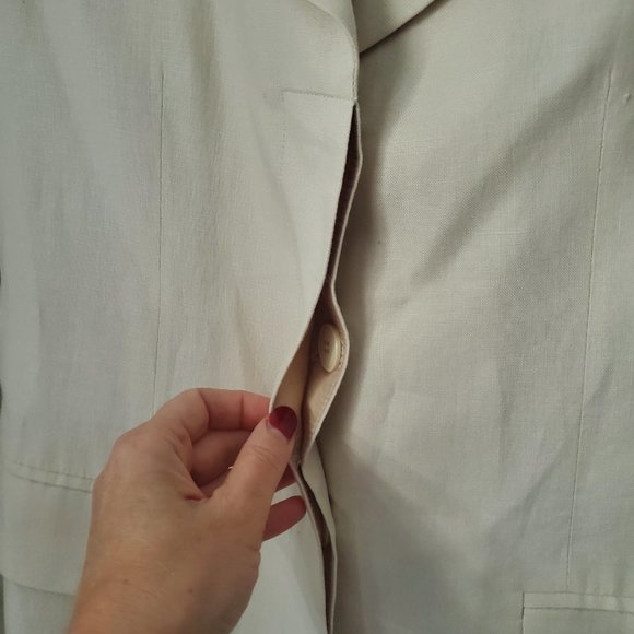 Vintage Linen Blazer Placket By English Designer Collared Neutral Pockets Preppy - Picture 6 of 11